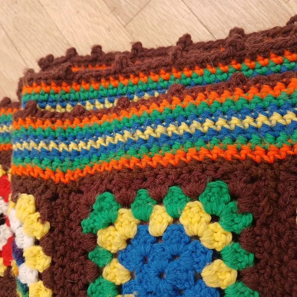 Vintage 70's Handmade Blanket Granny Square Farmhouse Multi-Color Crochet Unique